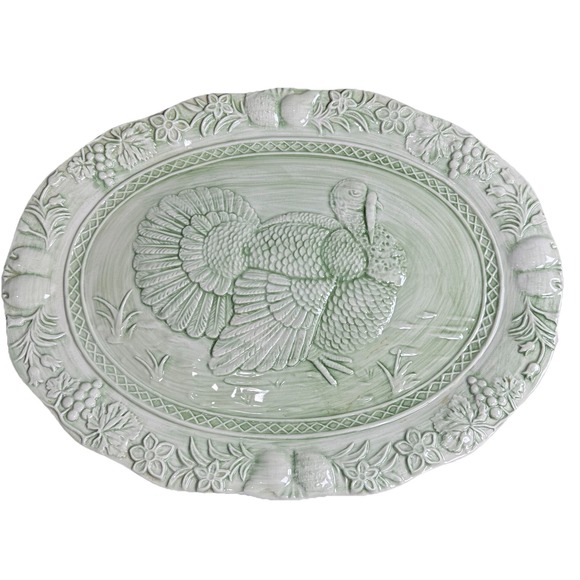 Mervyn’s Other - Vtg NOS Mervyn's 80's Green Embossed Ceramic Turkey Platter 18.5"x14.5" Portugal